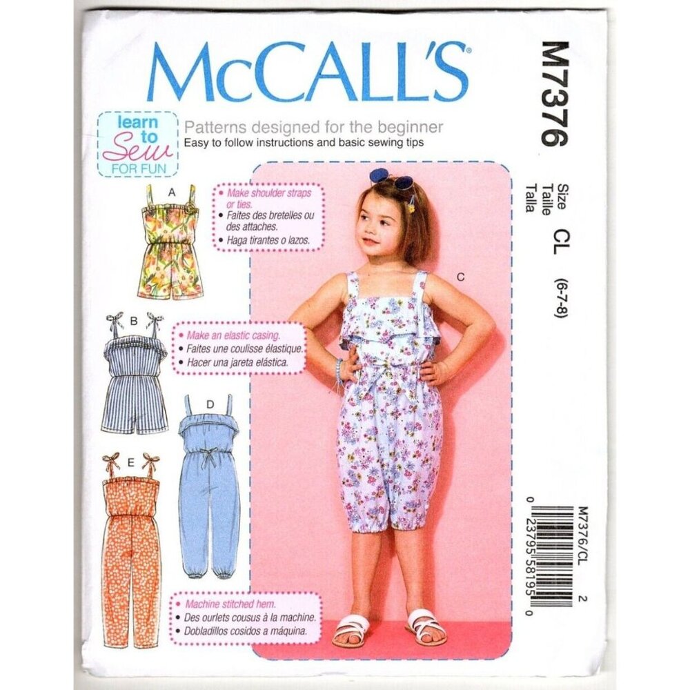 McCall's M7376 Girls 6 to 8 Rompers and Jumpsuits Uncut Sewing Pattern New